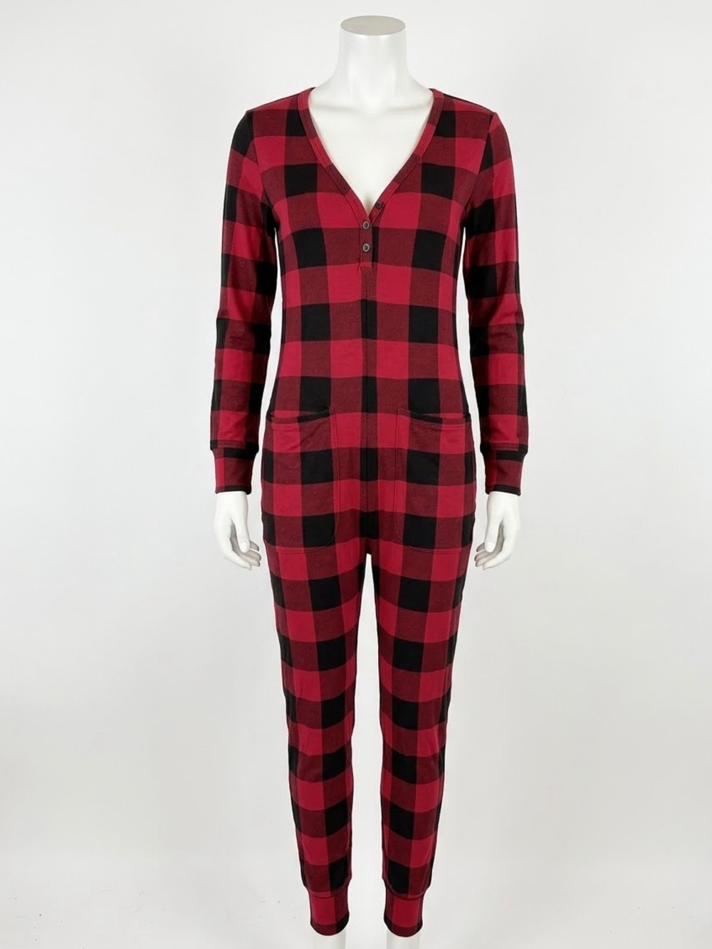 SMASH+TESS - The Present Romper | Poinsettia Buffalo Plaid Henley Jumpsuit XS